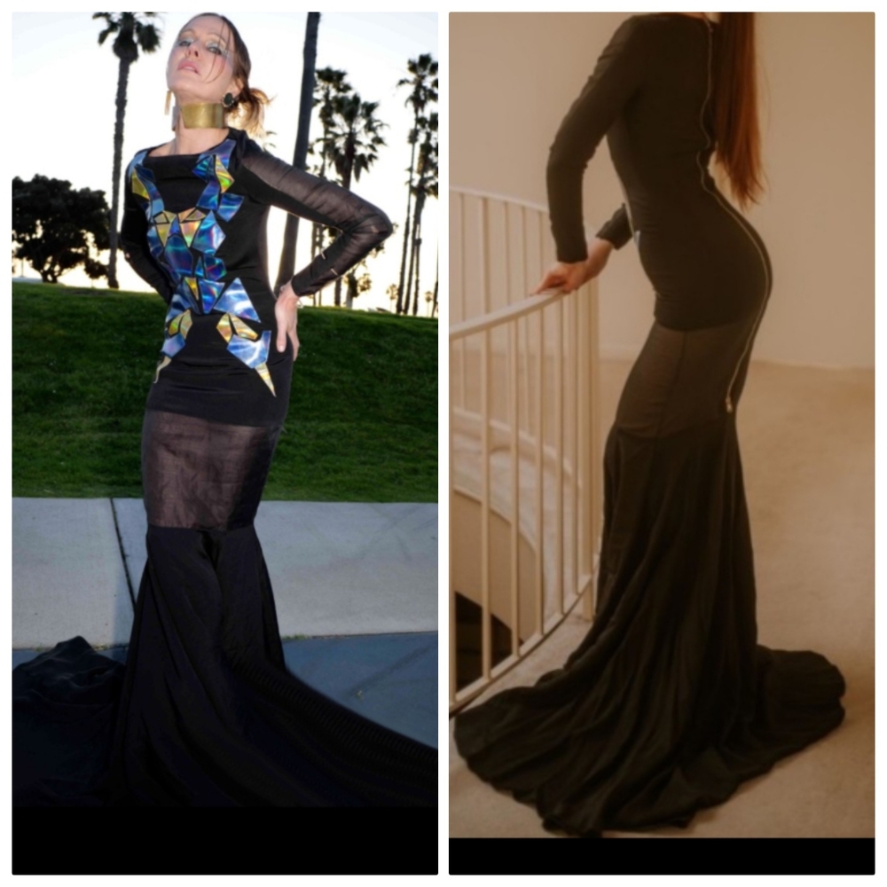 Atelier Marcell Von Berlin Black Holographic Gown with Train Sheer Panels XS